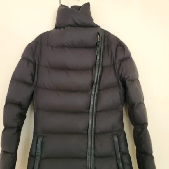 Mackage Yara Lightweight Black Down Puffer Coat, Leather Trim
